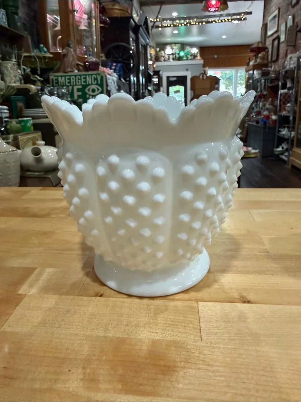 Large Fenton White Hobnail Milk Glass Scalloped Vase - Decorative Planter
